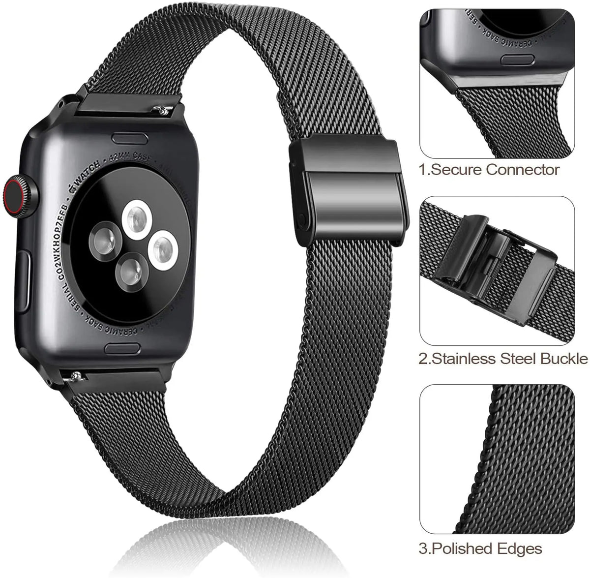 Mesh weave, connector and clasp details for Apple Watch
