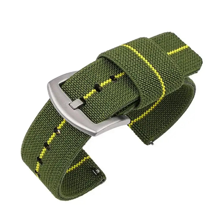 TicWatch Woven Nylon Band with Fabric Keepers - Army Green / Yellow Stripe / Silver Buckle