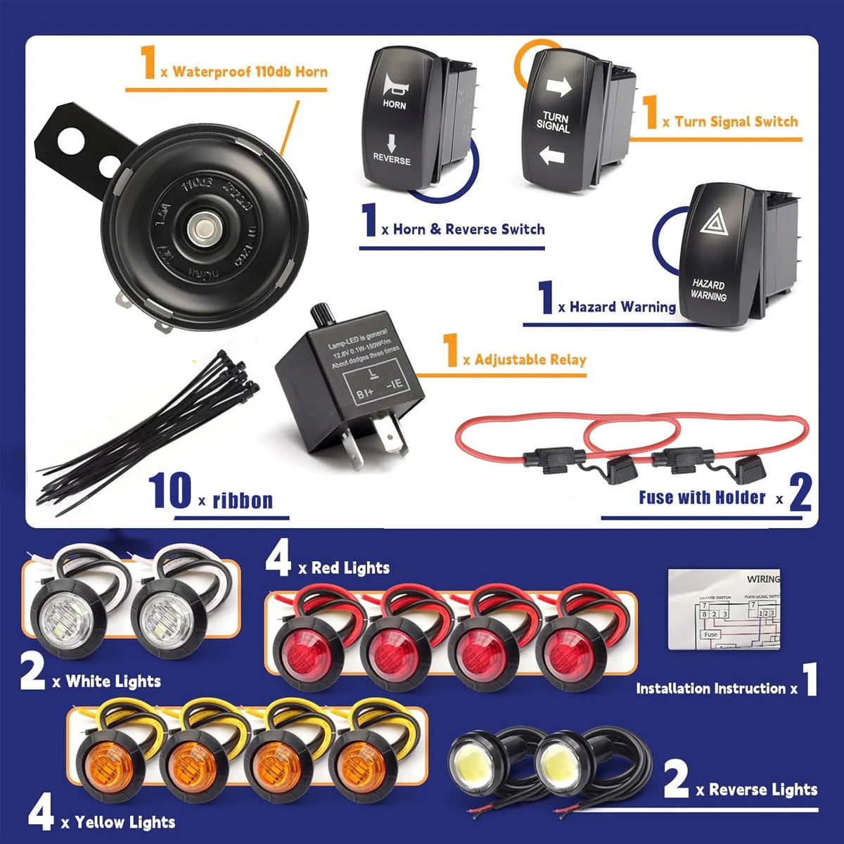 Golf Cart Turn Signal Kit with Horn, Hazard Switch and LED Lights, 12V