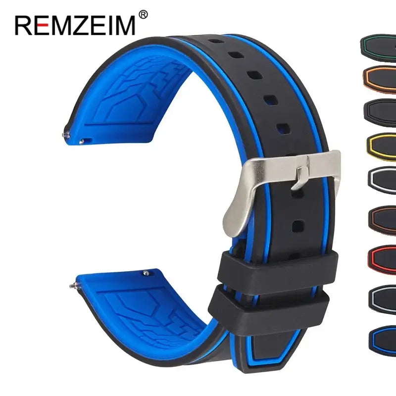 Silicone watch strap in black and blue, designed for Suunto watches, showcasing style and comfort for everyday wear.