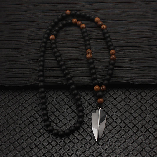 Simulated Hematite Arrow Pendant Necklace with Matte Wood Beads, 68cm