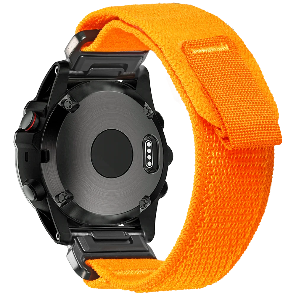 Garmin smartwatch with bright orange woven nylon replacement band for durability and comfort.