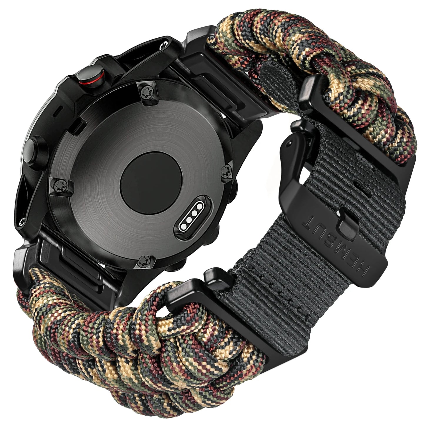 Garmin smartwatch with a durable paracord band strap, ideal for sports and outdoor activities, showcasing a customizable fit.