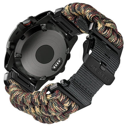 Garmin smartwatch with a durable paracord band strap, ideal for sports and outdoor activities, showcasing a customizable fit.