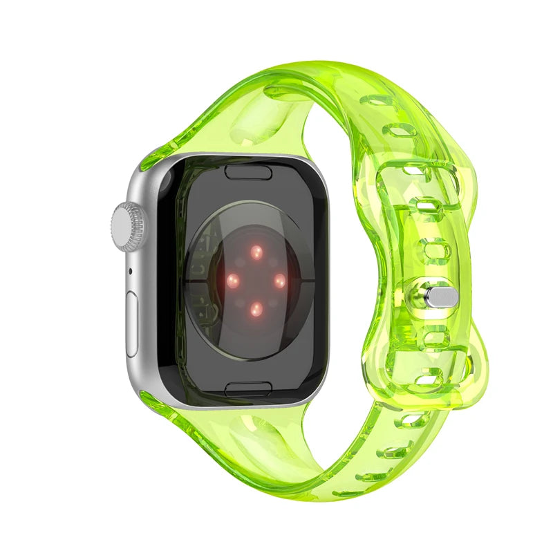 Apple Watch with transparent green rubber strap showcasing sleek, comfortable design for all-day wear.