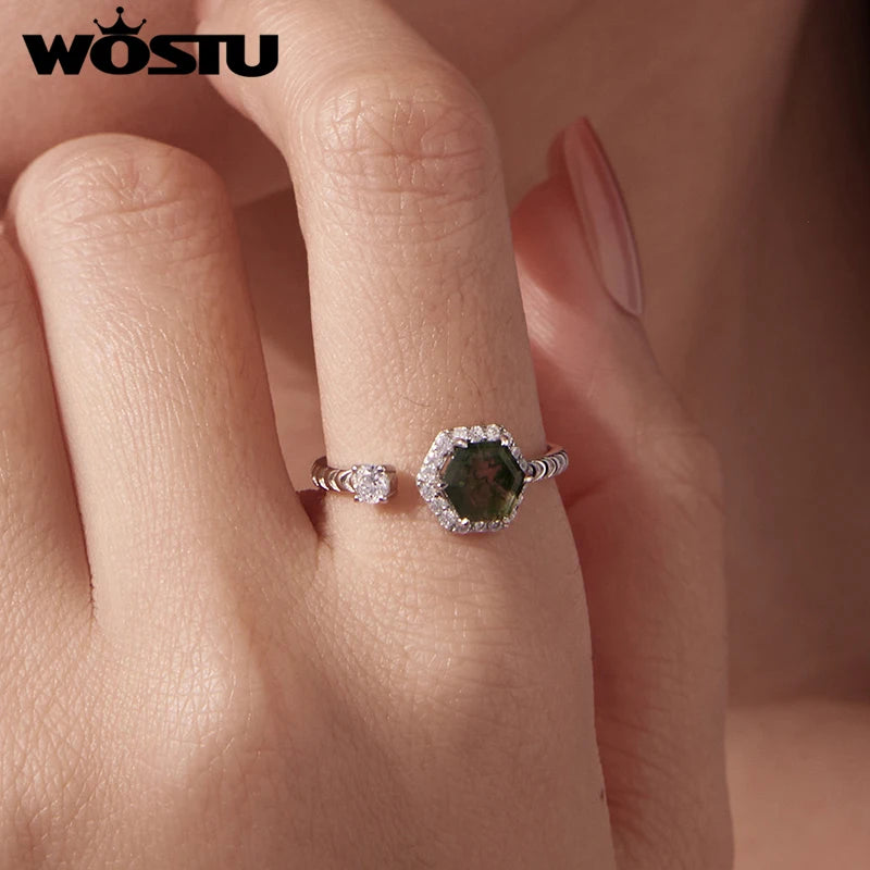 Moss Agate Hexagon Ring, 925 Sterling Silver - view 4