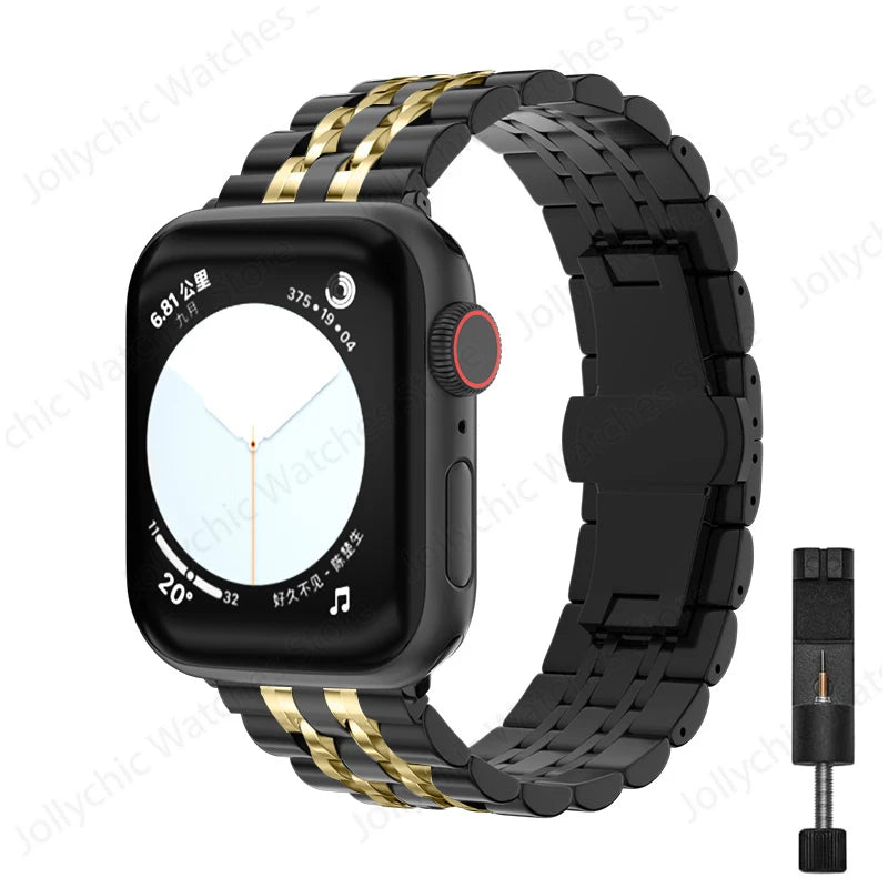 Multi-Row Stainless Steel Apple Watch Bracelet Band in Black / Gold - With Tool