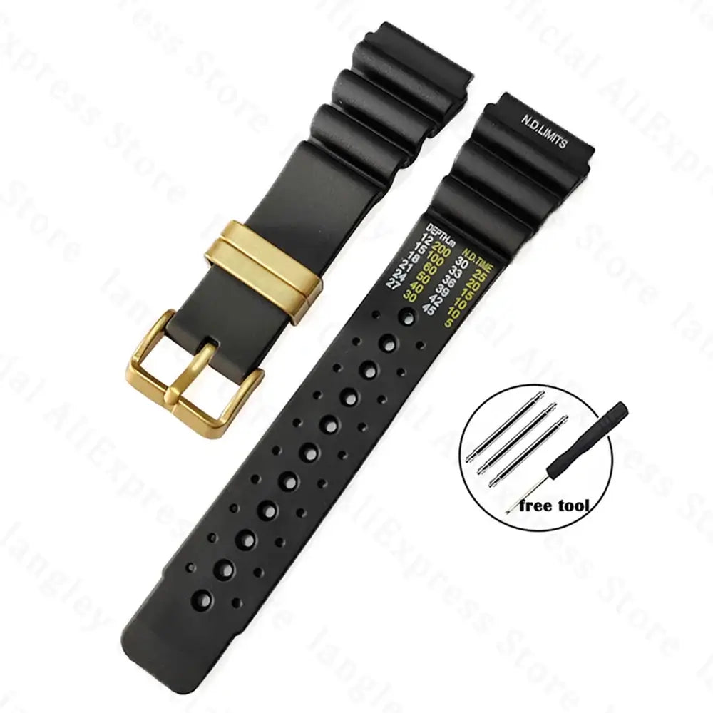 Silicone Dive-Style Band in Black / Gold Metal Keeper for compatible Huawei watches