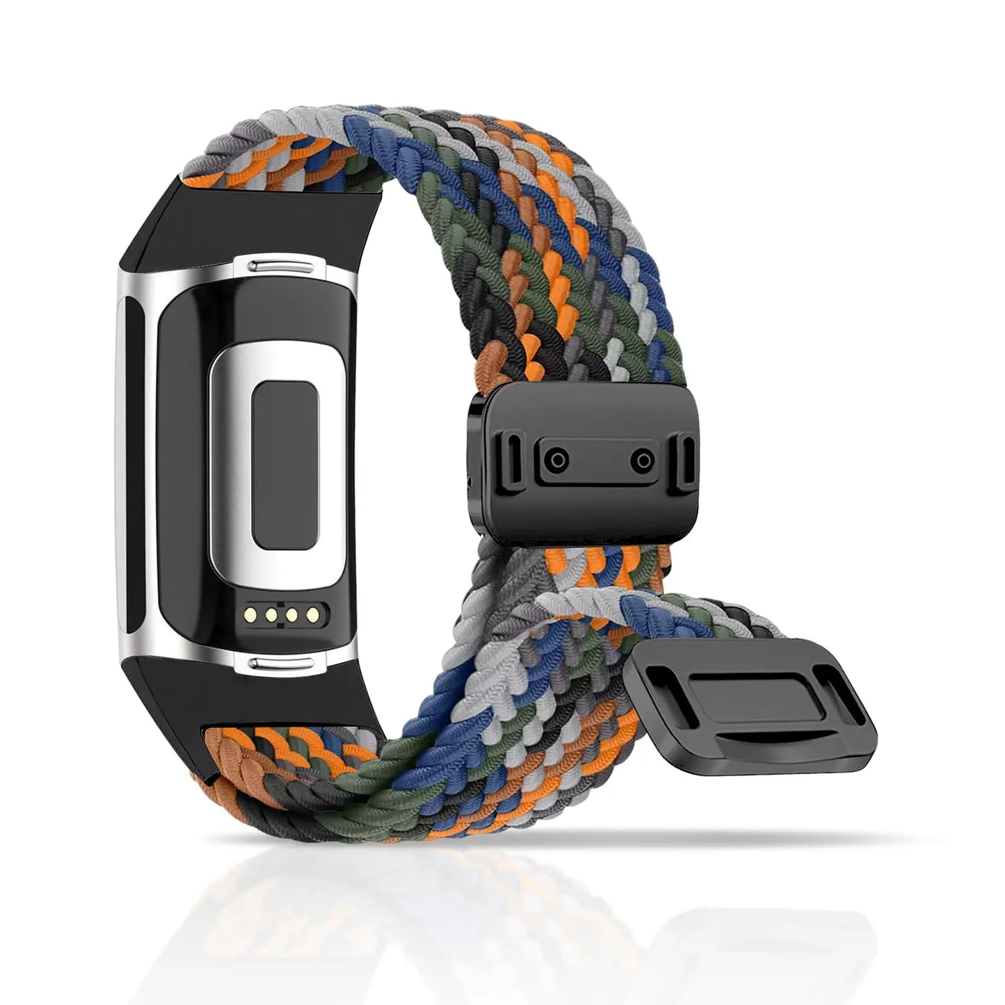 Fitbit Charge 5 and 6 braided band with magnetic buckle, stylish smartwatch strap in multi-color pattern.