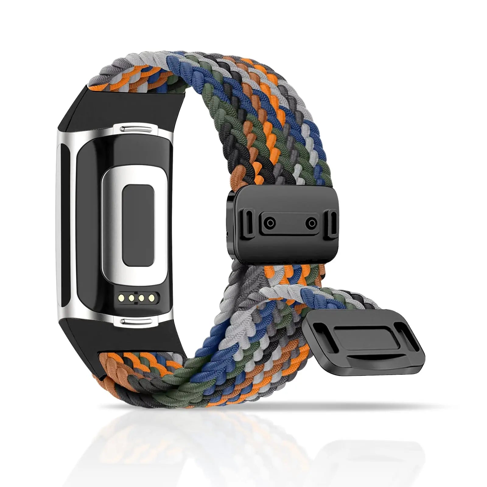 Fitbit Charge 5 and 6 braided band with magnetic buckle, stylish smartwatch strap in multi-color pattern.