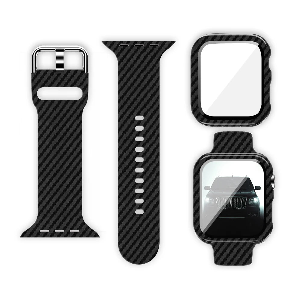 Apple Watch Silicone Strap with unique printed black carbon design, showcasing comfort and style for daily wear.