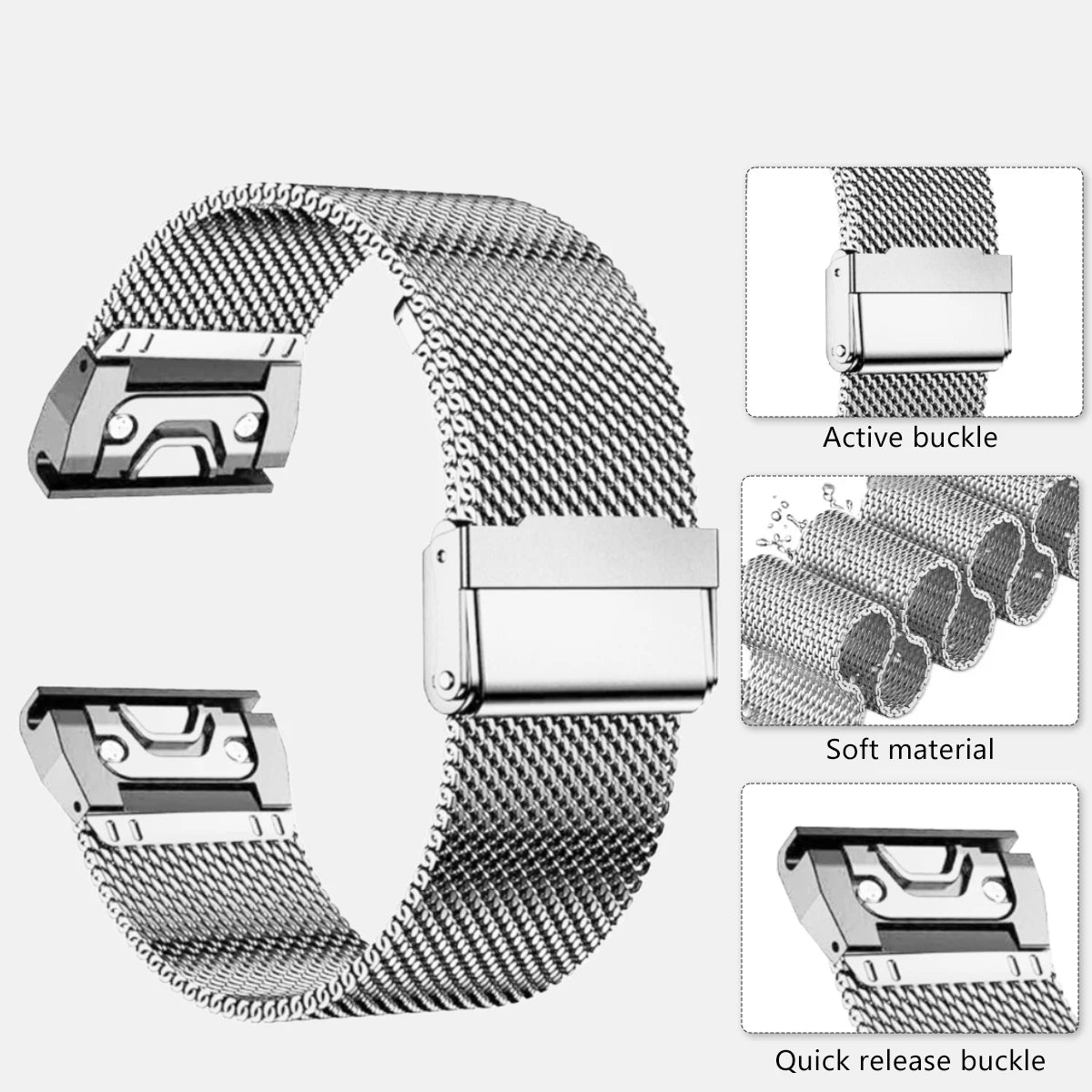 Garmin stainless steel band with quick release buckle, durable strap for smartwatch replacement, offering comfort and style.