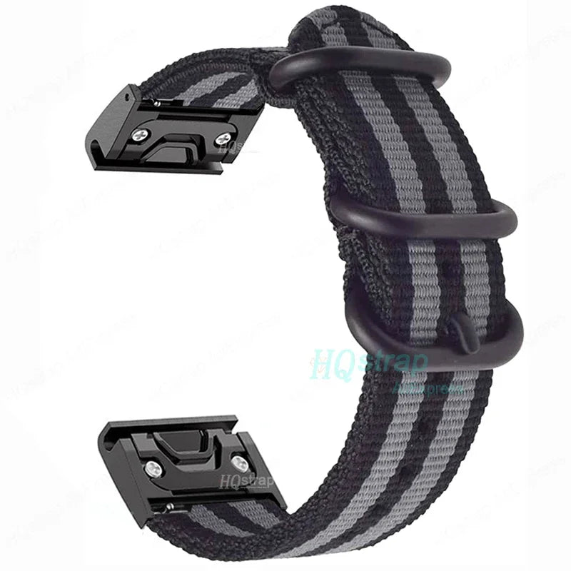 Garmin Canvas Nylon Strap in black and gray, a durable and lightweight replacement band for smartwatches.