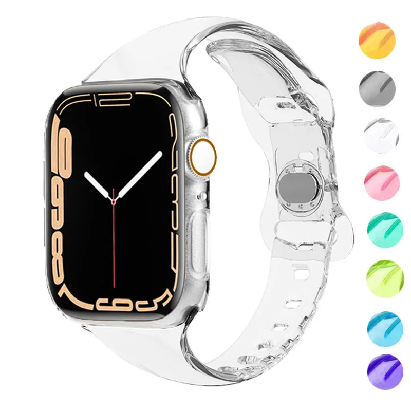 Apple Watch with transparent soft rubber strap, showcasing a sleek clear design and color options.