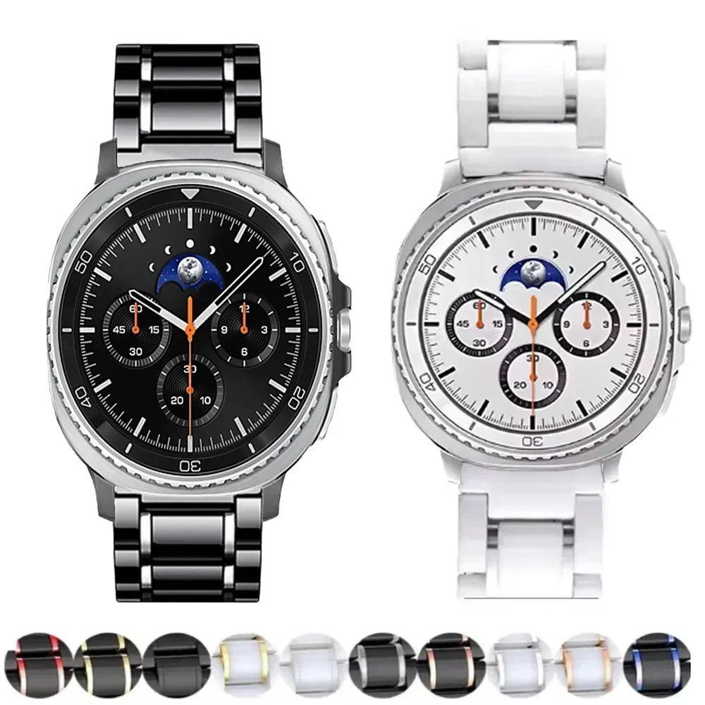 Samsung Galaxy Ceramic Bracelet Watch Band For Watch8/Watch8 Classic/Watch9/Ultra/Ultra2 in black and white styles.