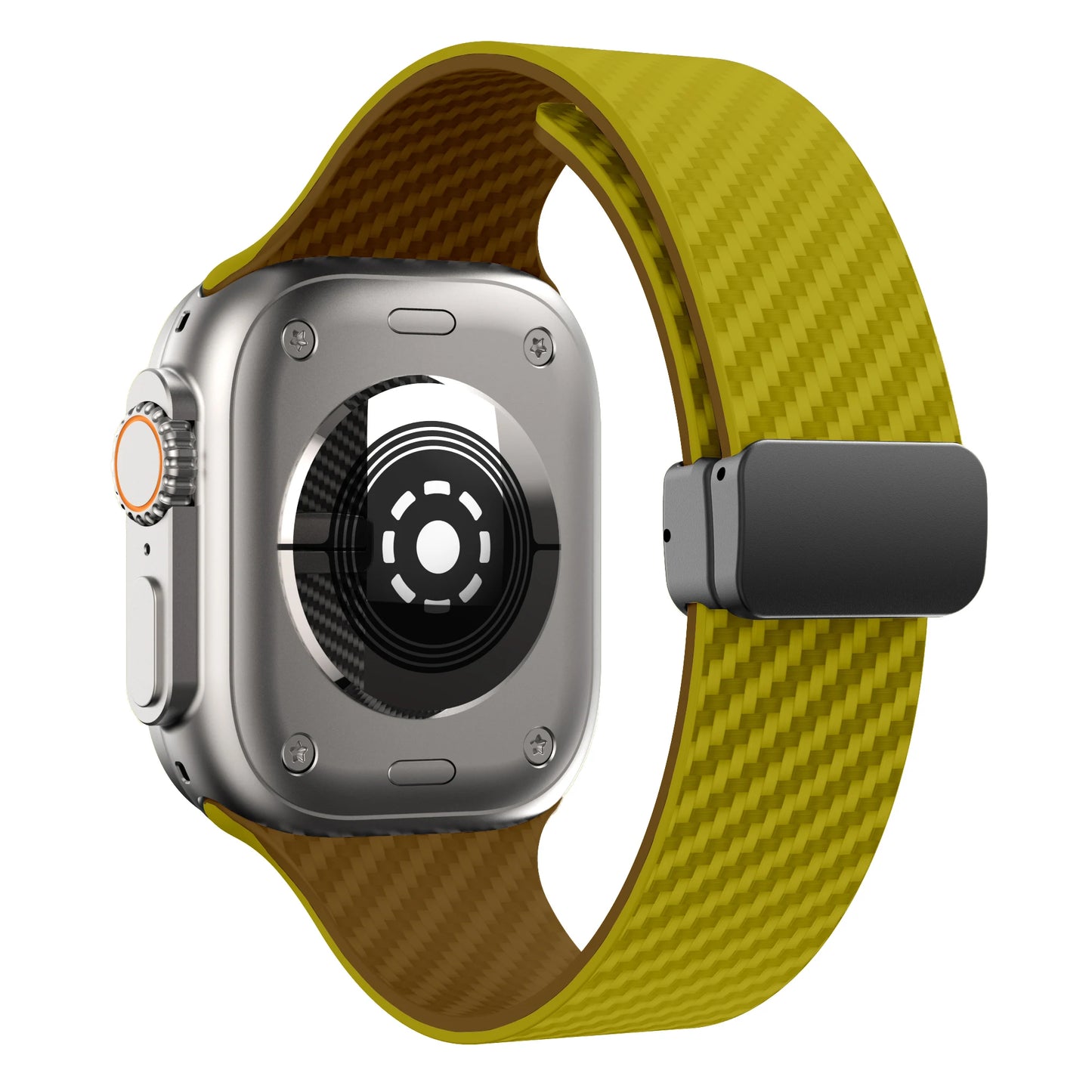 Apple Watch with a yellow silicone strap featuring a magnetic buckle for durability and comfort.