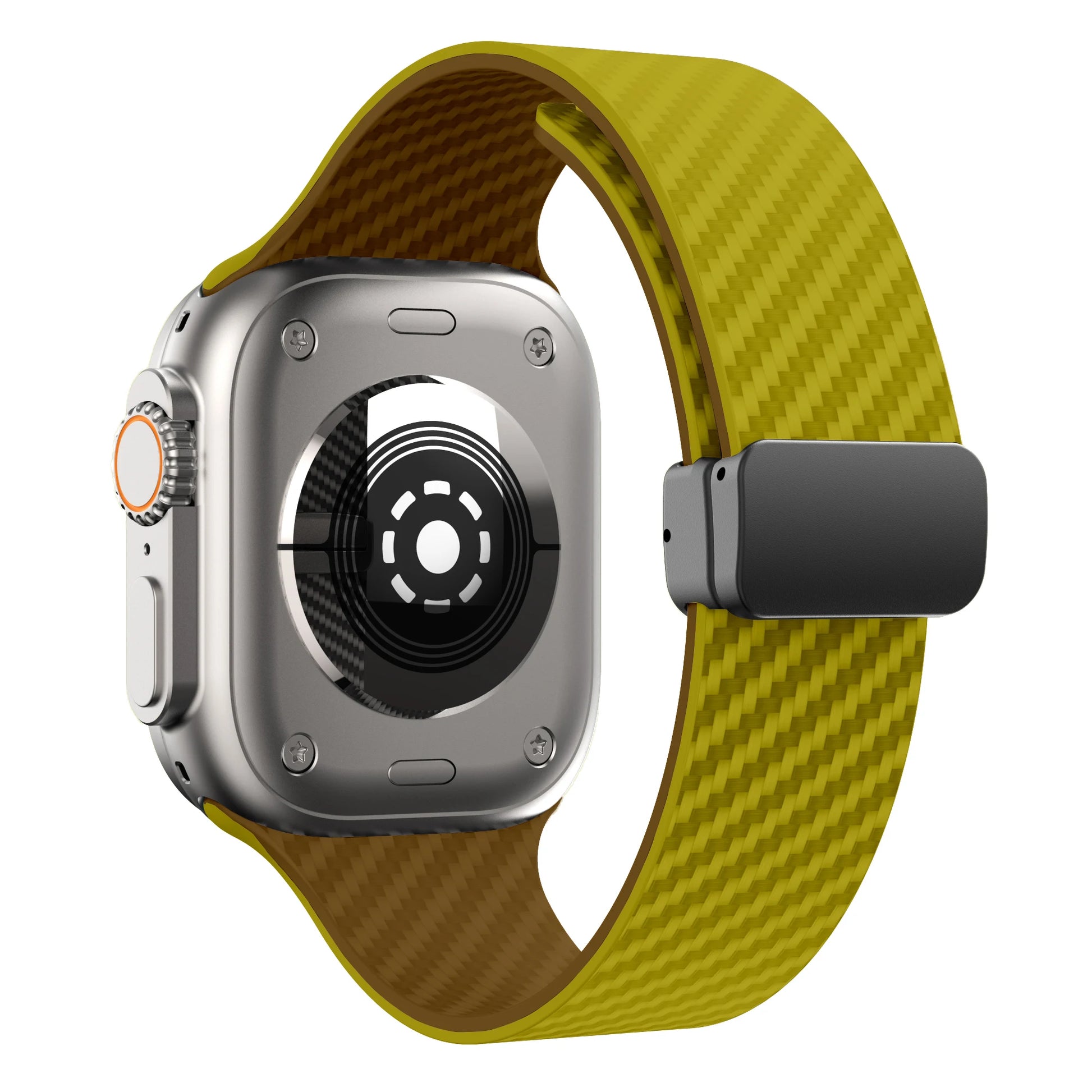 Apple Watch with a yellow silicone strap featuring a magnetic buckle for durability and comfort.