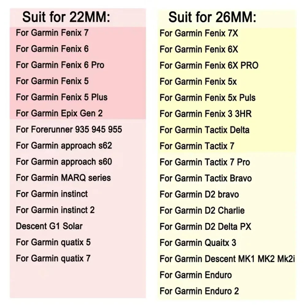 List of compatible Garmin smartwatch models for 22mm and 26mm leather bands including Fenix and Enduro.