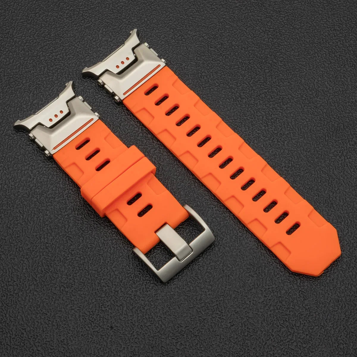 Samsung Galaxy Silicone Sport Watch Band - Ultra/Ultra2 No Gaps in orange with silver connectors, featuring a seamless design.