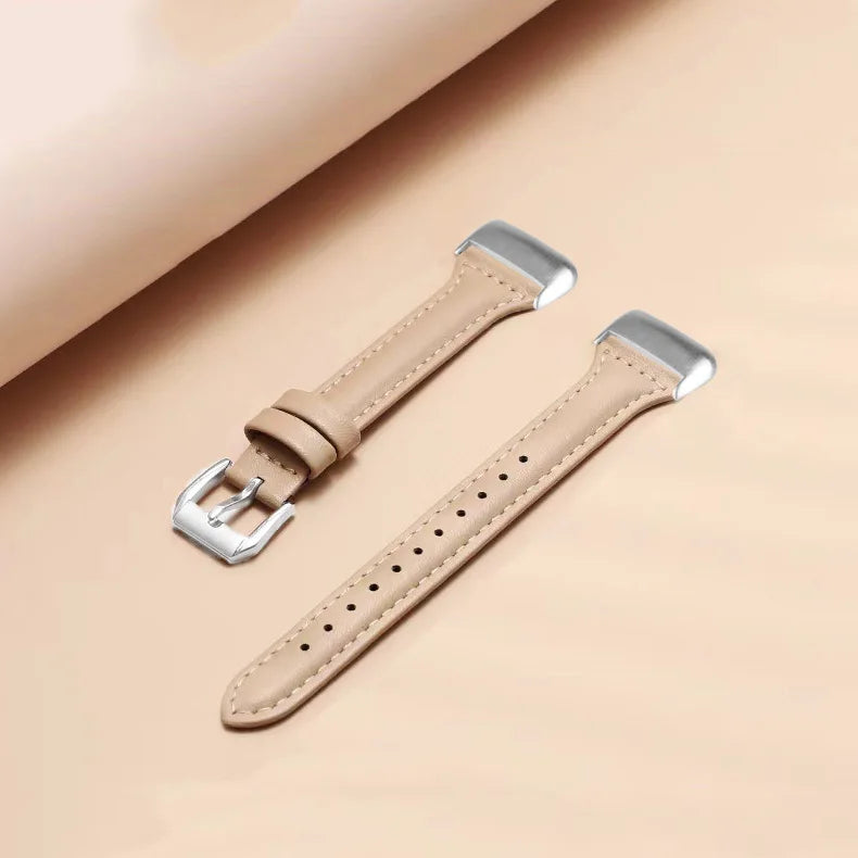 Fitbit Charge 5 Slim Leather Band in beige, stylish and comfortable smartwatch strap for everyday use.