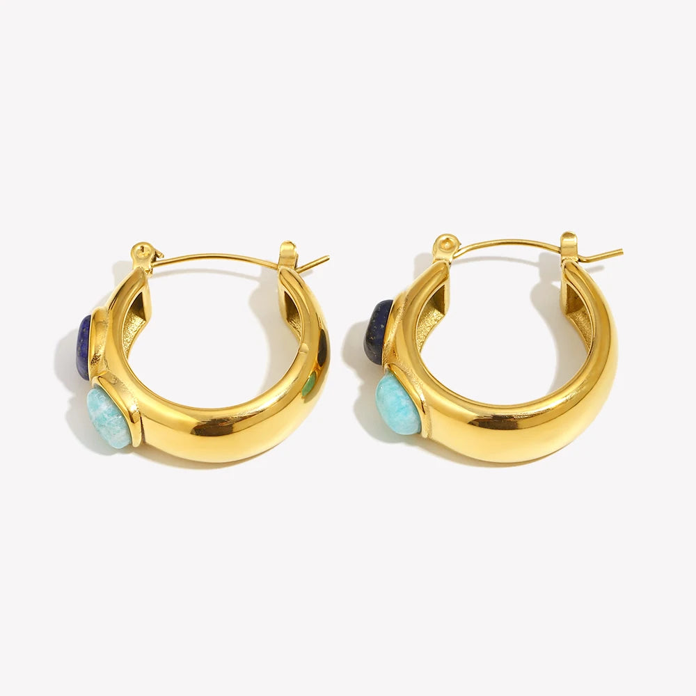 Lapis lazuli and turquoise hoop earrings, gold-tone stainless steel