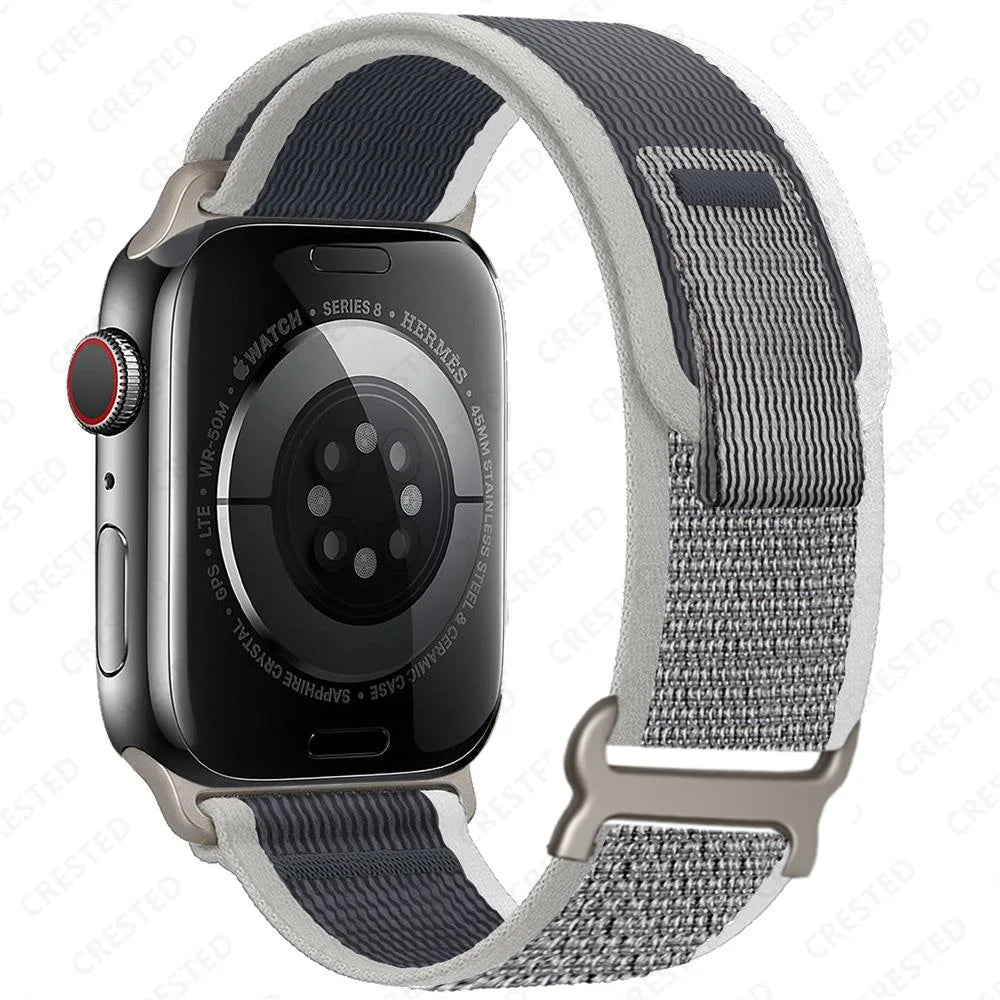 Apple Watch with Trail Loop nylon strap, showcasing durable and breathable design for comfort and versatility.