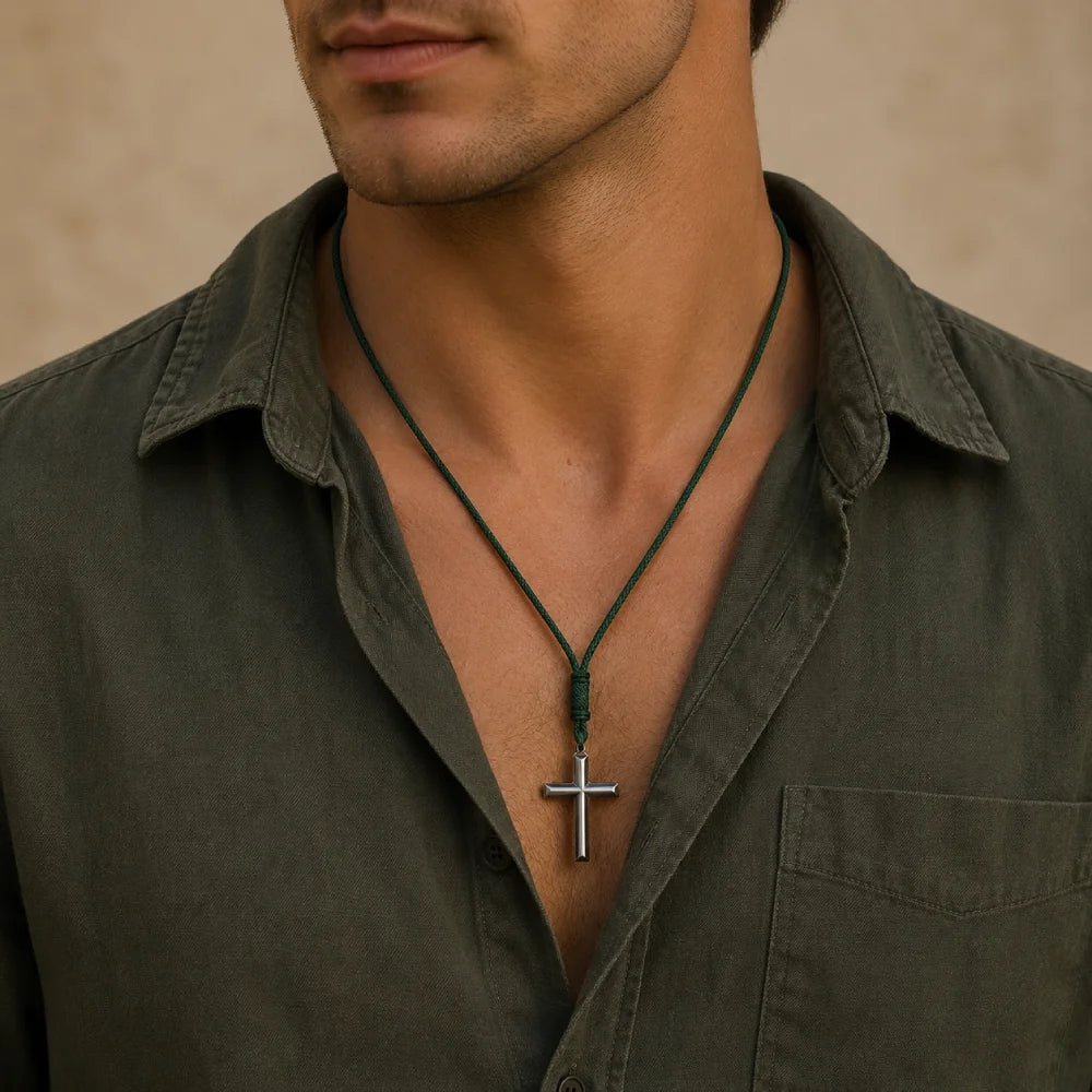 Simulated Hematite Cross Pendant Cord Necklace