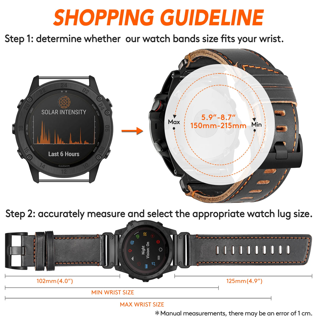 Garmin QuickFit Horween Leather Buckle Band strap dimensions and wrist sizing guide
