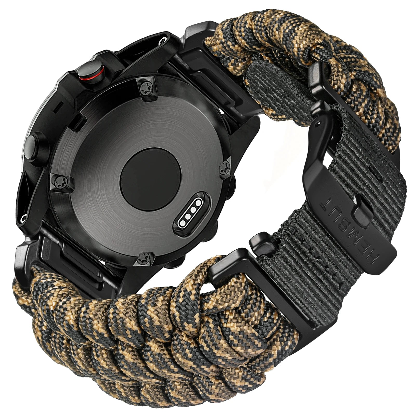 Garmin Paracord Watch Band Strap in black and tan, designed for durability and comfort for active lifestyles.