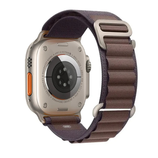 Apple Watch with Rugged Alpine Loop Nylon Strap, showcasing durability and adjustable fitting for outdoor adventures.
