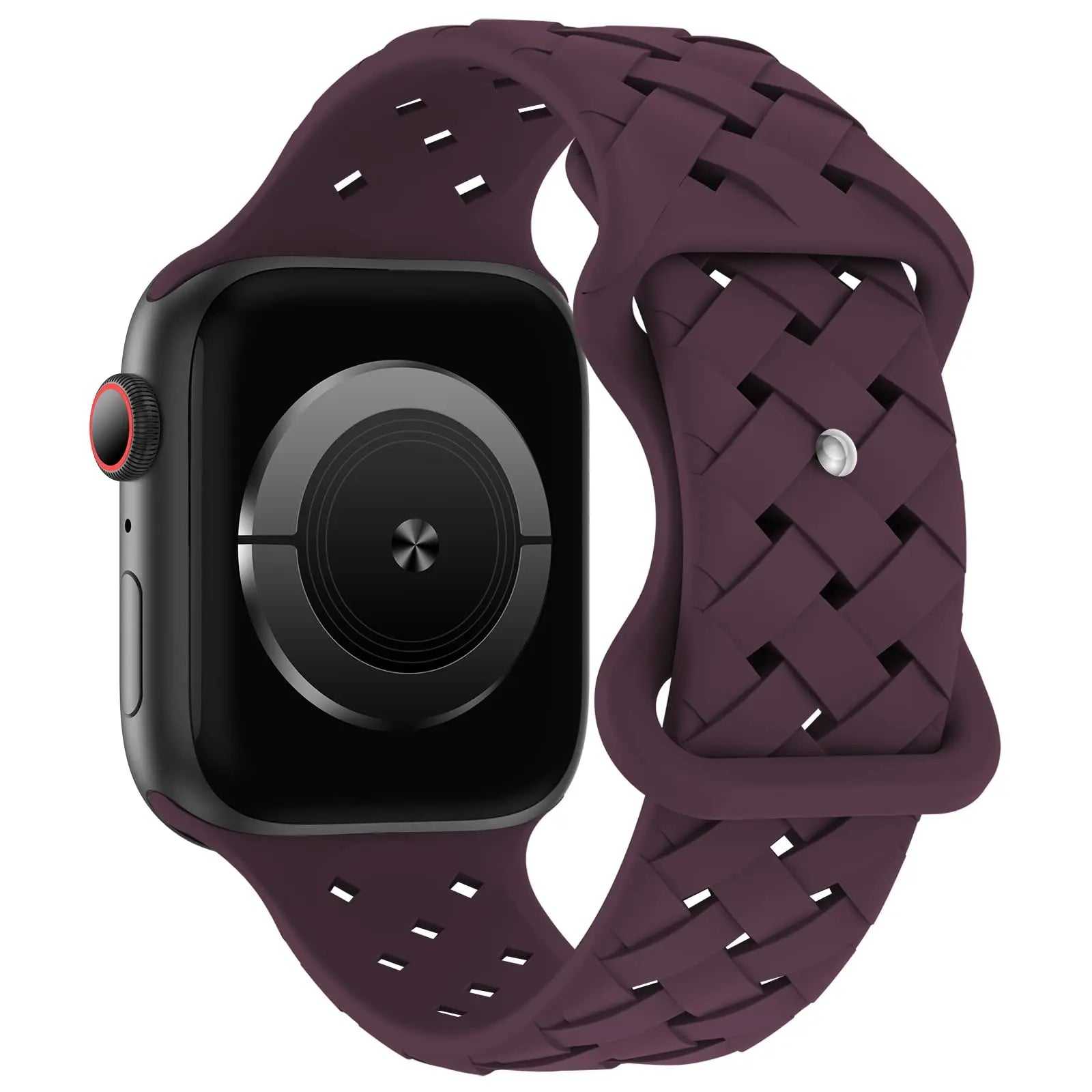 Apple Watch with a burgundy braided silicone strap, breathable and durable for sporty lifestyles.