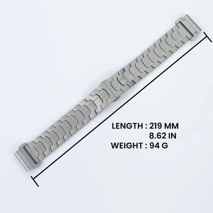 Garmin QuickFit stainless steel strap, 219mm long, 94g weight, stylish and durable replacement band for Garmin smartwatches.