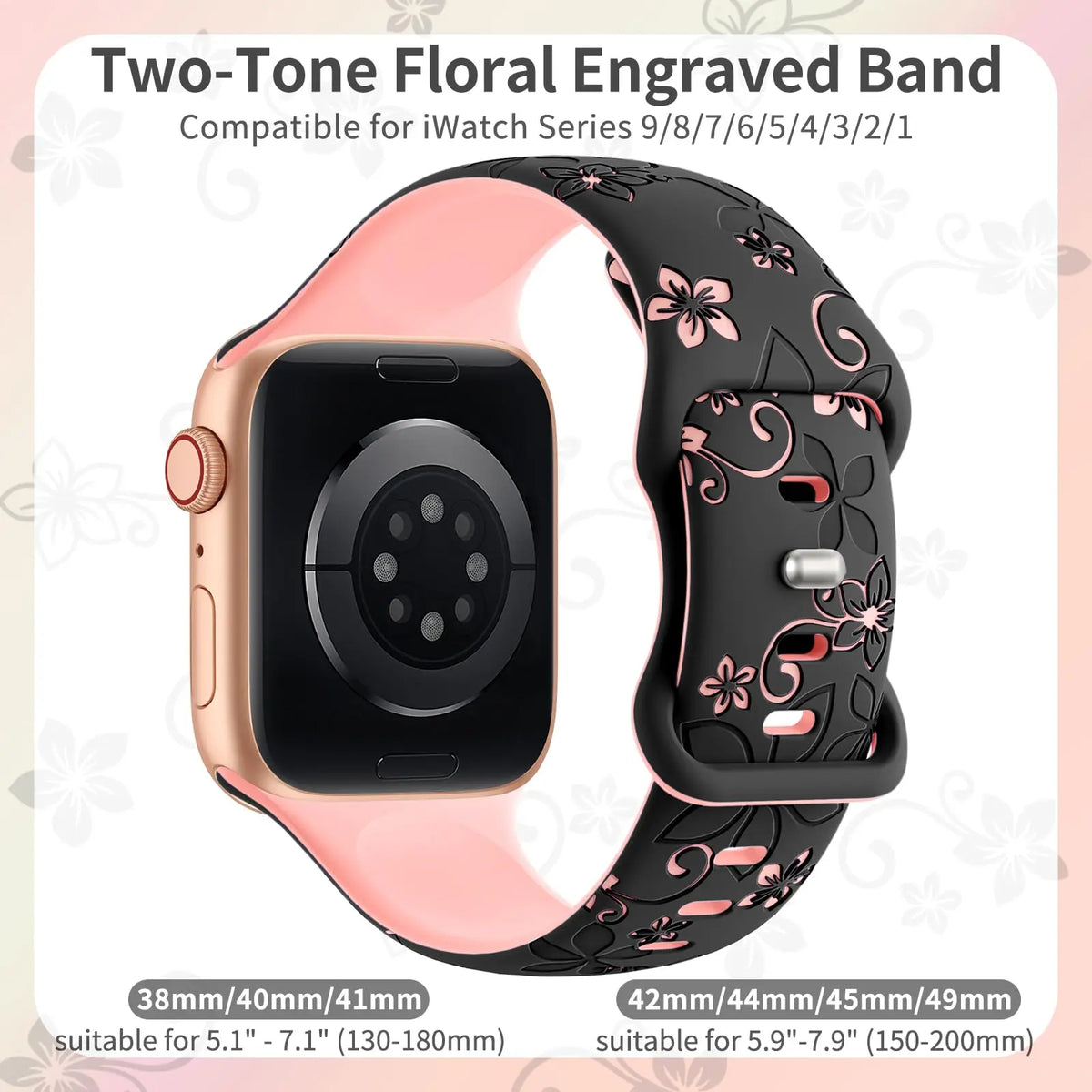 Two-tone floral strap with pin closure and sizing illustration for Apple Watch