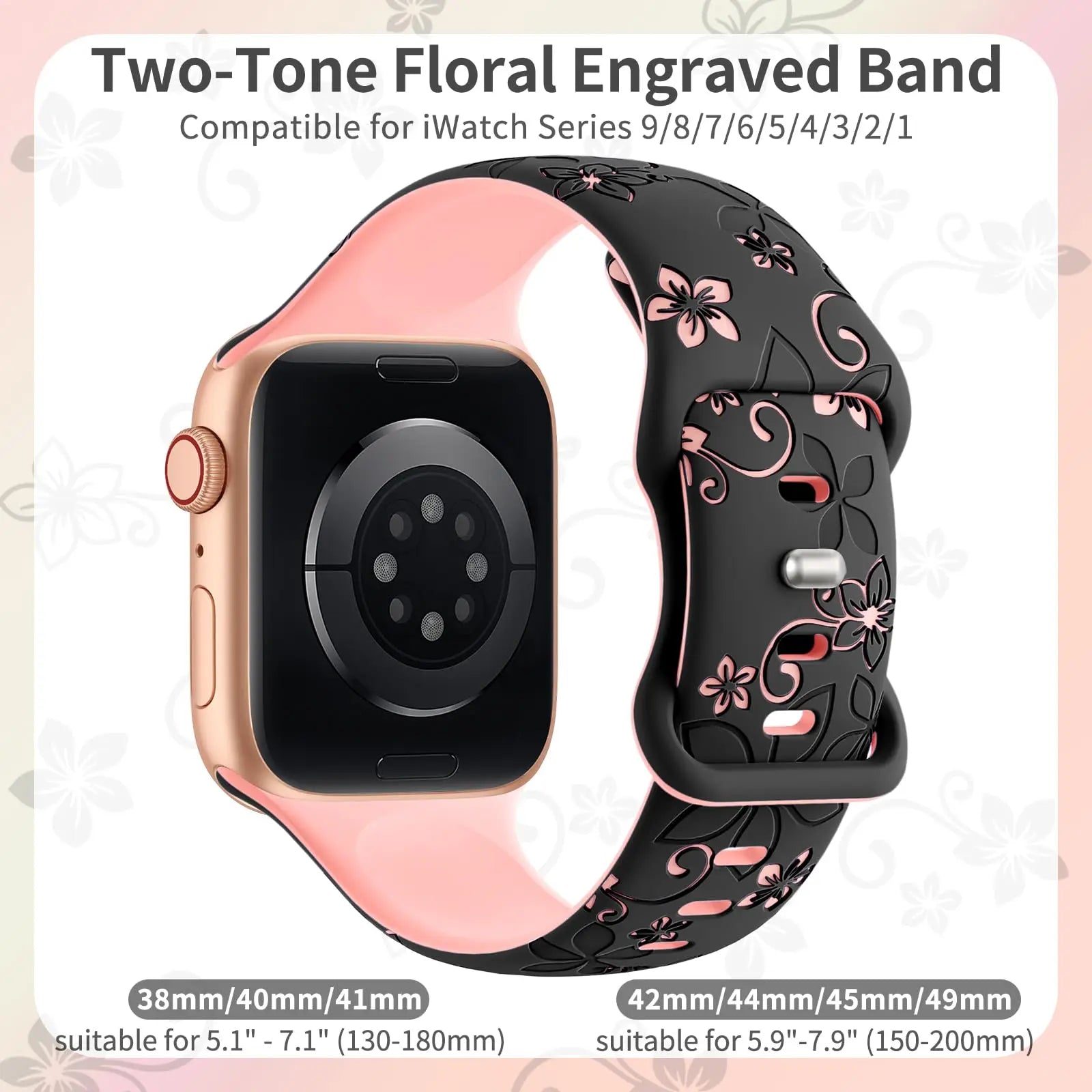 Two-tone floral engraved silicone strap for Apple Watch, compatible with iWatch Series 1 to 9, stylish and comfortable.