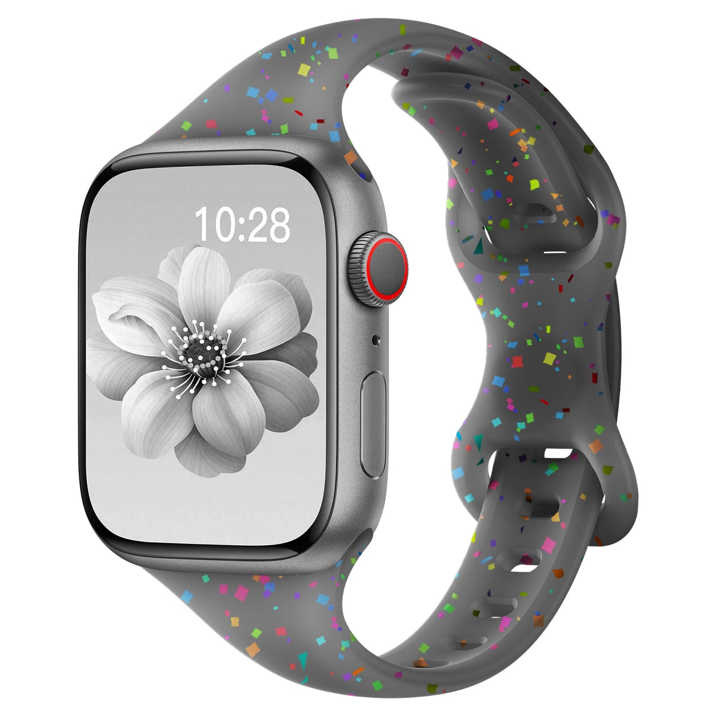 Colorful Apple Watch Silicone Band with soft flexible design in gray with confetti pattern, enhancing comfort and style.