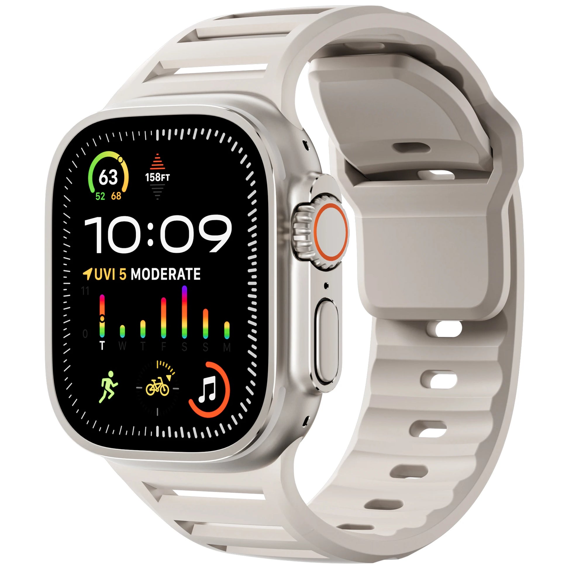 Apple Watch with sport silicone strap, featuring a flexible and waterproof design for active lifestyles.
