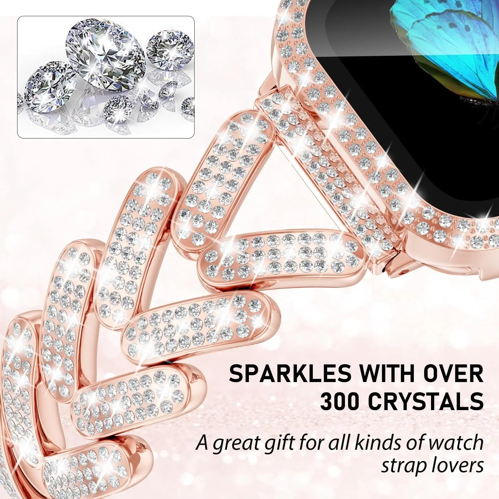 Apple Watch Stainless Steel Band with Sparkly Crystal Design, featuring over 300 crystals for a glamorous look.