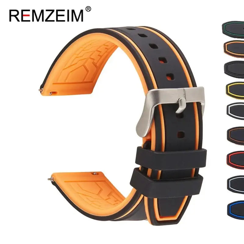 Silicone strap for Samsung Galaxy Watch with orange and black design, showcasing style and quality for daily wear.