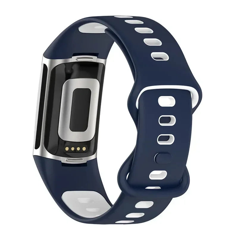 Fitbit Charge 5 soft silicone strap in navy blue, perfect for smartwatch upgrades and daily comfort.