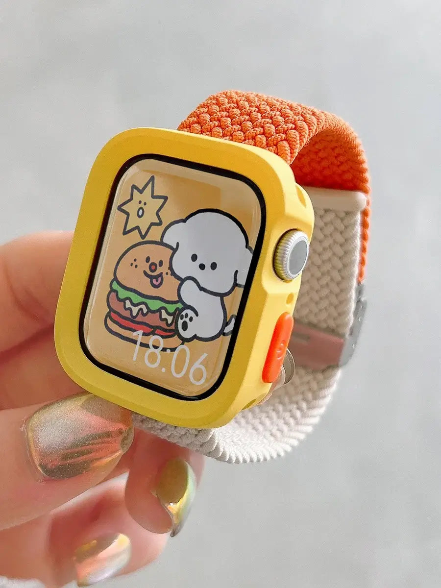 Orange and ivory woven Apple Watch band with yellow case held in hand