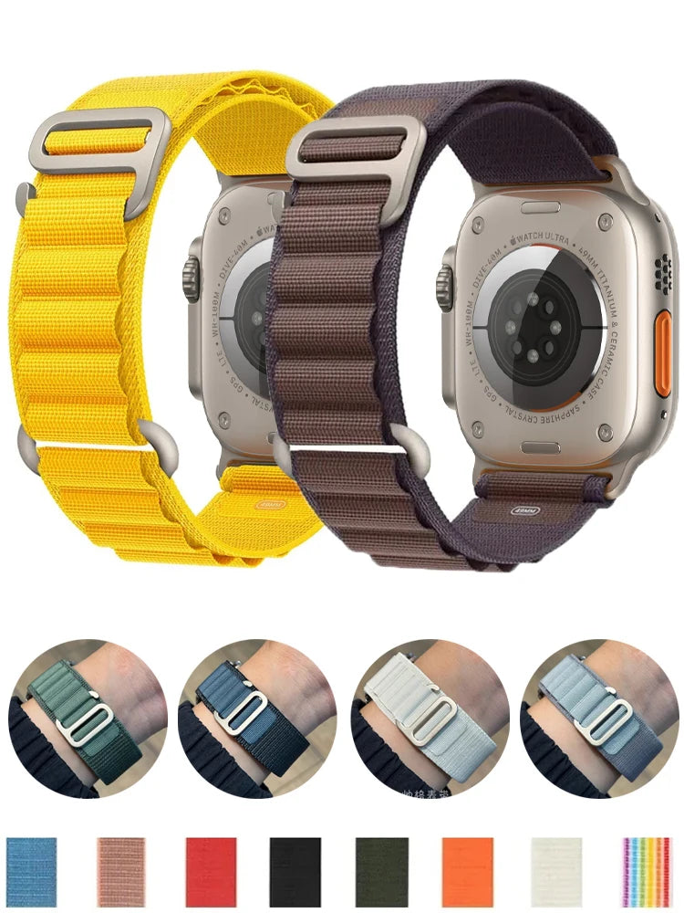 Apple Watch Nylon Strap - Rugged Alpine Loop in yellow and brown, showcasing durability and comfort with various color options.
