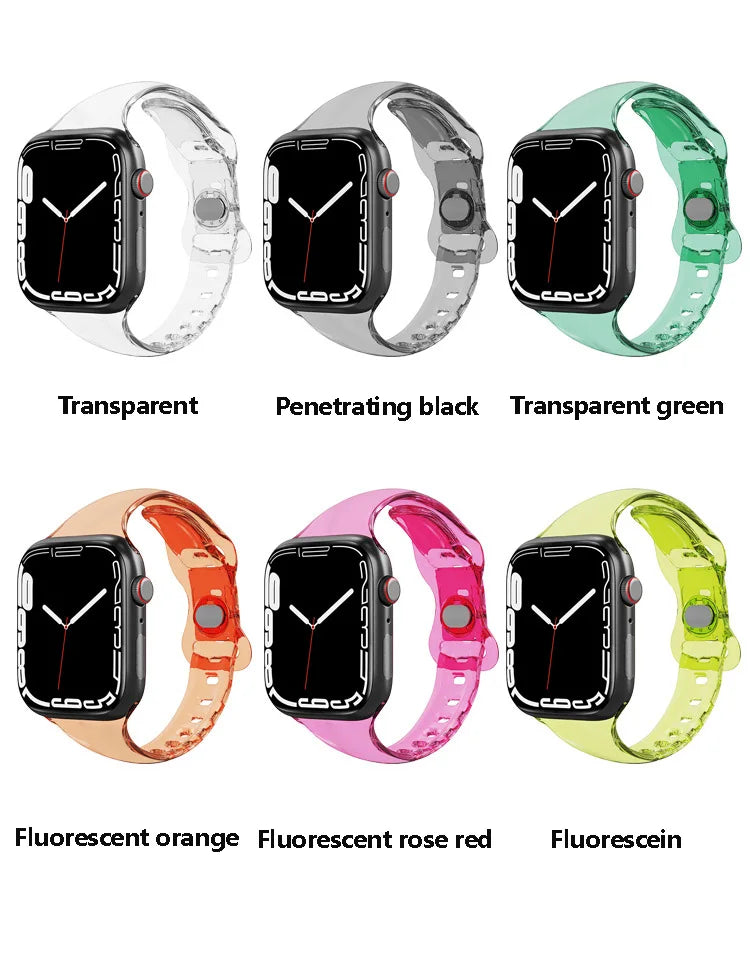Multiple Apple Watch bands in transparent, black, green, orange, pink, and fluorescent colors on display.