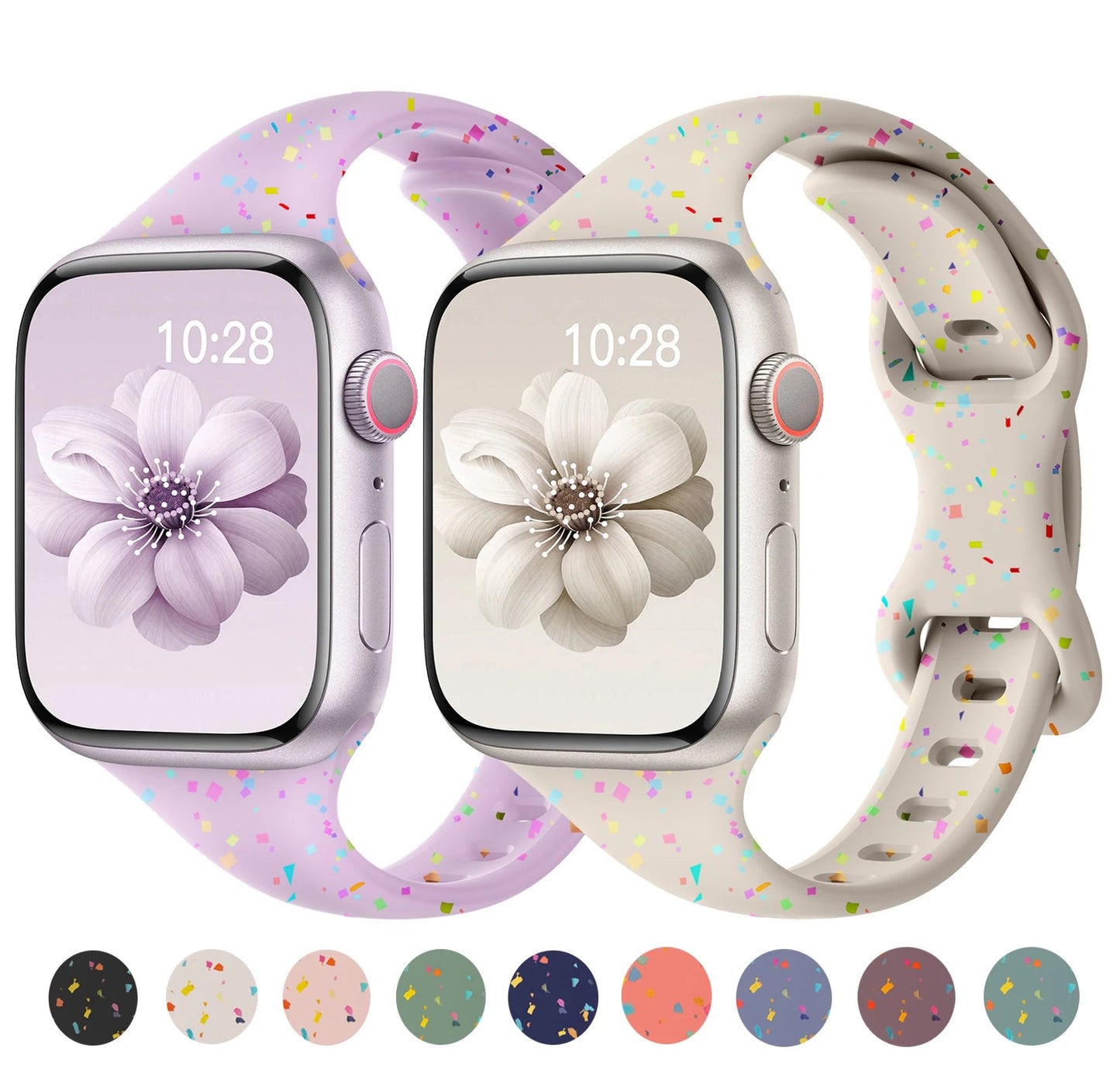Apple Watch Silicone Bands in purple and speckled designs with soft flexible material for comfort and style.