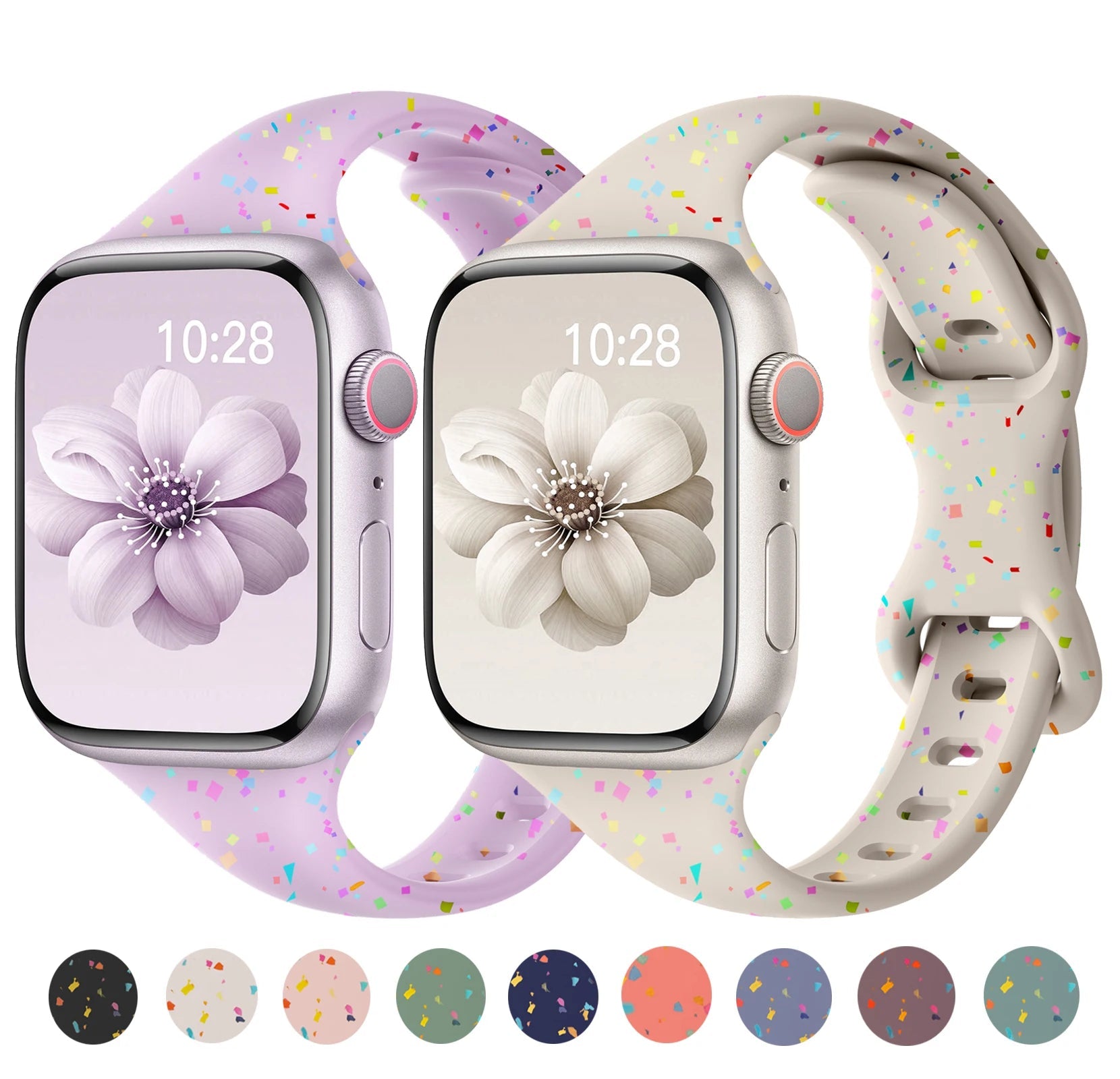 Apple Watch Silicone Bands in purple and speckled designs with soft flexible material for comfort and style.
