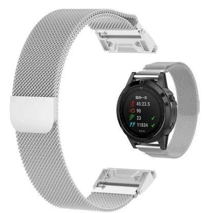 Garmin Metal Milanese band in silver with smartwatch, showcasing magnetic strap and stylish design for fitness wear.