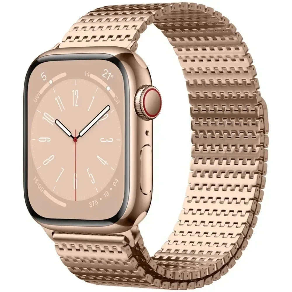 Apple Watch with stainless steel Milanese loop band showcasing magnetic clasp and elegant design.