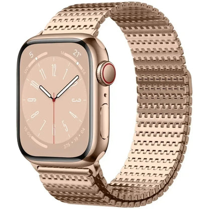 Apple Watch with stainless steel Milanese loop band showcasing magnetic clasp and elegant design.