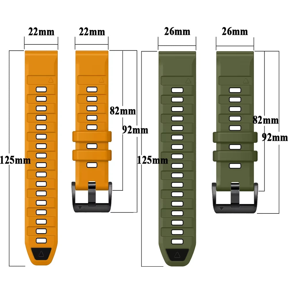Garmin QuickFit Two-Tone Silicone Buckle Band 22mm and 26mm strap dimension diagrams