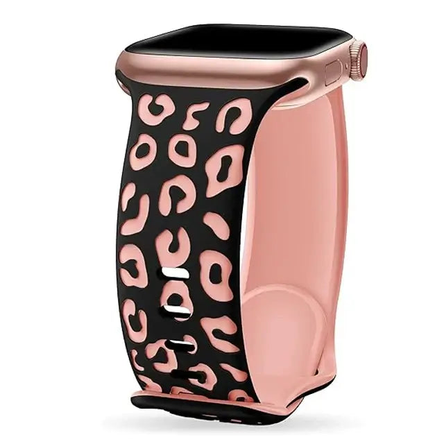 Black / Pink leopard-pattern silicone Apple Watch band