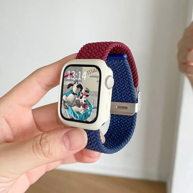 White Case - Burgundy / Navy woven nylon Apple Watch band with matching case